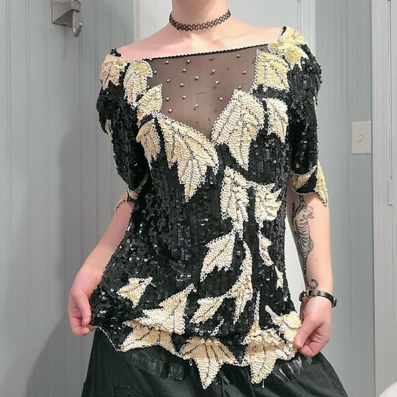 Vintage Lillie Rubin Designer 70's‎ Sequin Black Ivory Beaded Silk Leaf Top Med - Picture 16 of 16